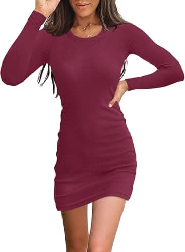 Samefar Women's Dresses Casual Long Sleeve Scoop Neck Mini Ribbed Knit Slim Fit Above Knee Short Dress Night Wine Red X-Large