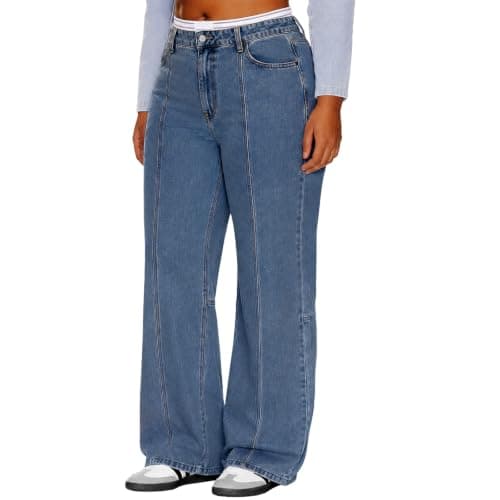MARIASHA Pull On Women's Wide Leg Jeans High Waisted Stretchy Buttoned Denim Pants Jean Vintage Blue M