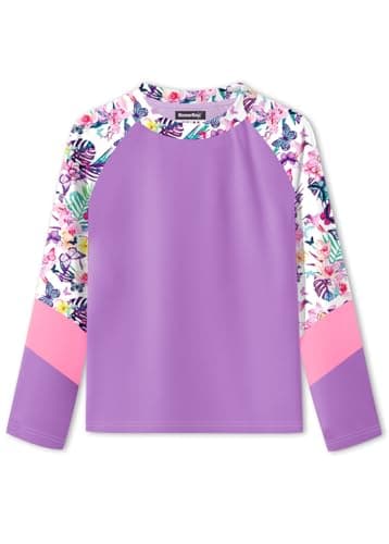 BesserBay Big Kids UPF 50+ Long Sleeve Rash Guard Shirt Crewneck Butterfly Floral Purple Swimming Top 13-14 Years