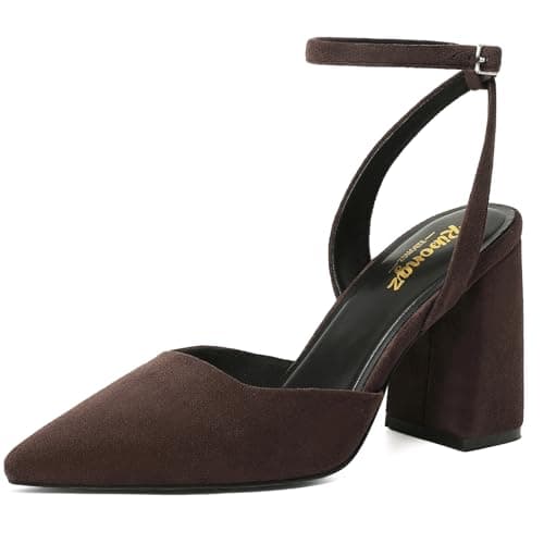 RIBONGZ Block Brown Heels for Women Closed Pointed Toe Heeled Slingback Chunky High Suede Heel Ankle Strap Pumps Comfort Dressy Shoes for Work Party Prom Wedding Bridal Dress Size 10.5