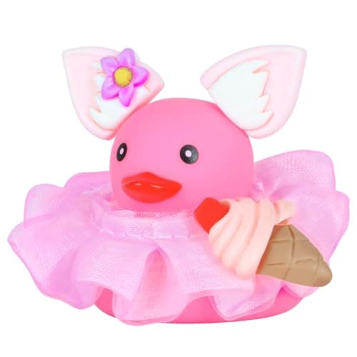 AOT Pink Rubber Duck Car Ornaments Squeaky Duck with Cute Fox Headwear,Mini Ice Cream,Pink Dress Car Dashboard Decorations Party Favors Ducky
