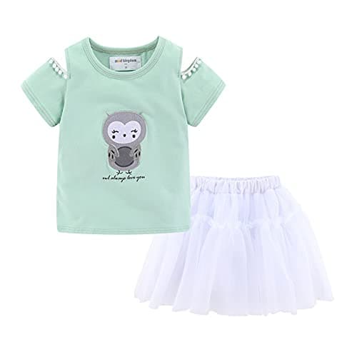 Mud Kingdom Toddler Girls Tulle Skirts Set Outfit T-shirts Cold Shoulder Mesh Casual Summer Owl Green 4T