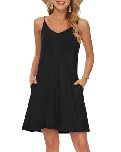 MISFAY Women's Summer Spaghetti Strap Casual Swing Tank Beach Cover Up Dress with Pockets (Black,M)