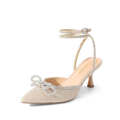 DREAM PAIRS Kitten Heels Rhinestone Bow Ankle Strap Stiletto Pointed Closed Toe Heels for Women Pumps Wedding Bridal Party Dress Shoes,Size 6.5,Gold,DWUMPU2541