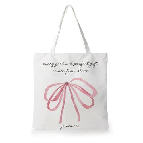 UNCDLV Coquette Pink Bow Christian Tote Bag, Christian Gifts for Women, James 1:17 Religious Bible Canvas Tote Bags for Work Shopping Grocery Church