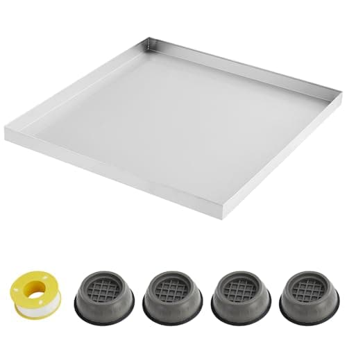 GarveeTech 24 in x 24 in Washing Machine Pan for Washer and Dryer and Small Appliances, 304 Stainless Steel Washing Machine Tray with 4 Pcs Anti-Vibration Washing Machine Feet, No Hole