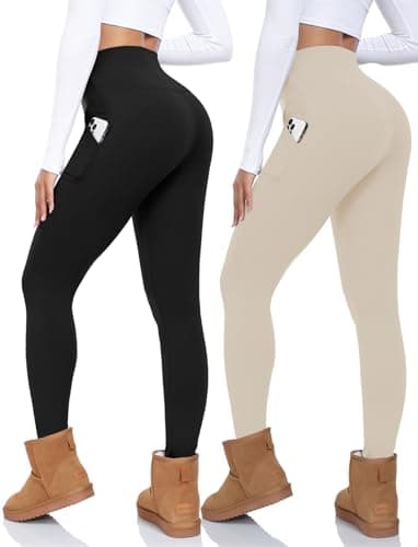 CTHH 2 Pack Fleece Lined Leggings Women with Pockets - High Waisted Soft Winter Thermal Warm Tummy Control Yoga Pants (Black,Khaki,XX-Large-3X-Large)