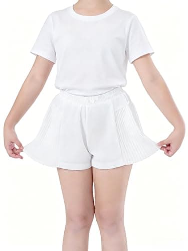 Girls 2-in-1 Athletic Shorts with Built-in Liner and Pockets, Cute Flowy Butterfly Running Shorts for Kids Sports, Tennis, Gym, Play 13-15 Years White