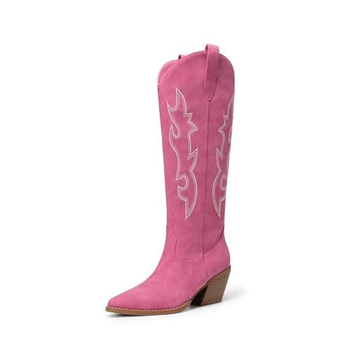 DREAM PAIRS Cowgirl Boots Women Knee High Cowboy Boots Pointed Toe Chunky Block Heel Suede Tall Western Boots with Embroidered,Size 8,Hot Pink,SDKB26001W