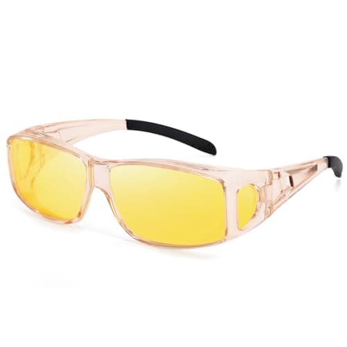 Dollger Night Vision Glasses for Women Men,Wrap Around Fit Over Prescription Glasses with Anti Glare HD Vision Polarized Yellow Lens for Night Driving(Transparent Light Yellow Frames)