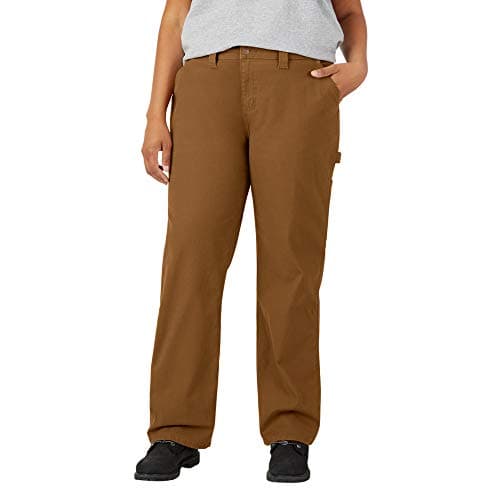 Dickies Women's Plus Size Relaxed Straight Carpenter Duck Pant, Rinsed Brown Duck, 22