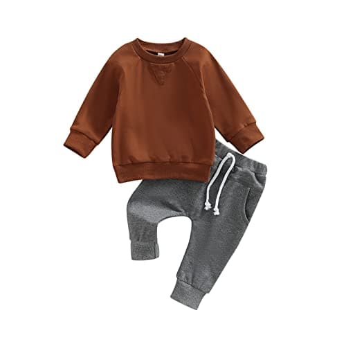 allshope Toddler Baby Boy Fall Outfit Crewneck Long Sleeve Sweatshirt Tops Elastic Pants Jogger Cute Newborn Winter Clolthes Set (Solid Color Brown, 2-3T)