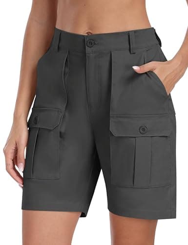 MoFiz Women's Cotton Bermuda Cargo Shorts 7" Casual Summer Elastic Waist Hiking Shorts with 6 Pockets Dark Grey S