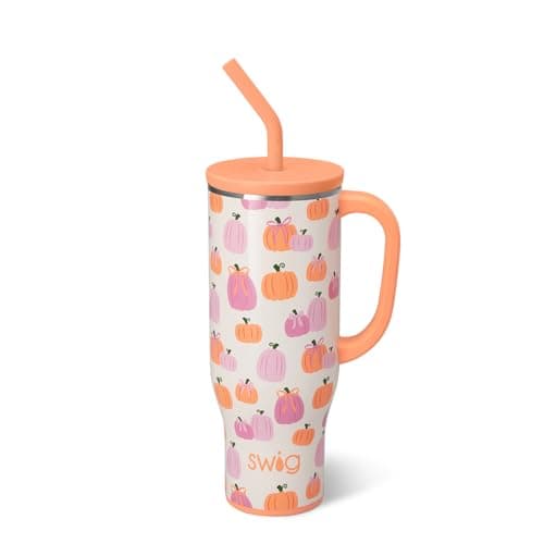 Swig Life 30oz Mega Mug, 30oz Tumbler with Handle and Straw, Large Insulated Tumblers, Cup Holder Friendly Travel Mug, Stainless Steel 30 oz Tumbler, Reusable Insulated Bottle (Pumpkins and Bows)