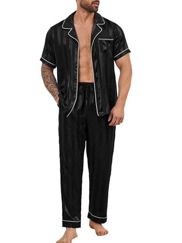 DEARCASE Short Sleeve Mens Satin Silky Pajama Set, Black, Medium