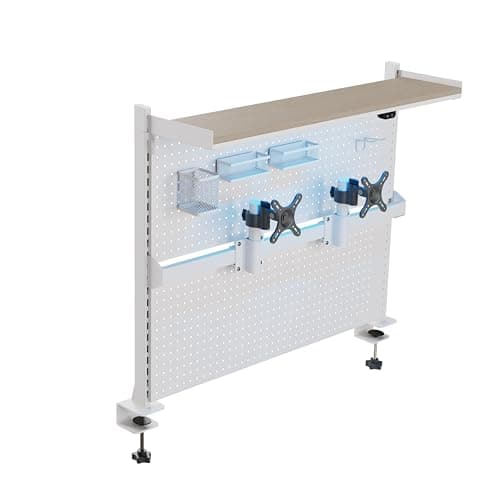 EUREKA ERGONOMIC Desk Pegboard with Dual Monitor Stands, LED Metal Pegboard for Gaming Desk, Privacy Panel with 4 Accessories Modular Hanging, Computer Accessories for Office, 43 x 34 Inch, White