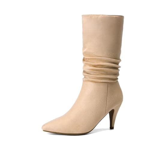 DREAM PAIRS Women's High Heel Mid Calf Boots Slouchy Pointed Toe Fall Boots,Size 8,Nude/Suede,KIMLY