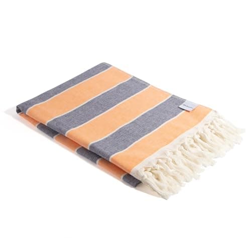 InfuseZen Striped Organic Turkish Terry Backed Beach Towel - Navy/Orange