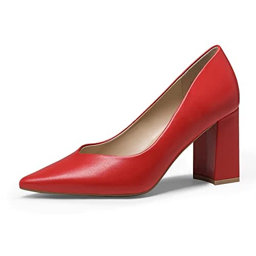 DREAM PAIRS Women’s High Chunky Closed Toe Block Heels Pointed Toe Wedding Party Elegant Slip On Pumps Shoes,Size 8,Red/Pu,SDPU2229W