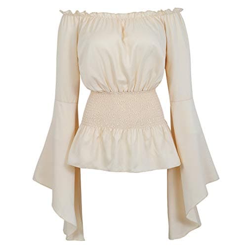 Kranchungel Pirate Shirt for Women Costume: Renaissance Peasant Blouse Off Shoulder Trumpet Sleeve Shirt for Themed Events Small Beige
