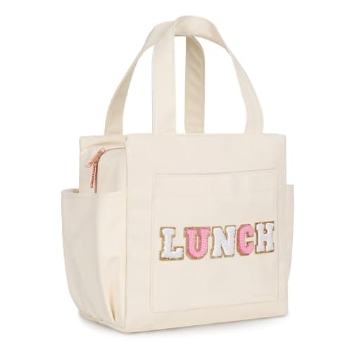 Joymee Leather Lunch Box Lunch Bag for Women Adult Insulated Reusable Leakproof Large Spacious Lunch Cooler Lunch Tote Bag with Bottle Holder and Side Pockets for Work Picnic Beach (Letter LUNCH)