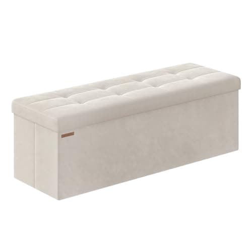 SONGMICS Mazie Collection - Storage Ottoman Bench, Foldable Foot Rest, 15 x 43 x 15 Inches, End of Bed Bench, Storage Chest, Load 660 lb, Living Room, Bedroom, Entryway, Cream White ULSF277W01