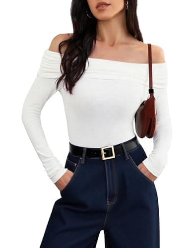 Women's Off Shoulder Tops Y2K Slim Fit Long Sleeves Spring Fall Blouse Tops Going Out Nightout Shirt White
