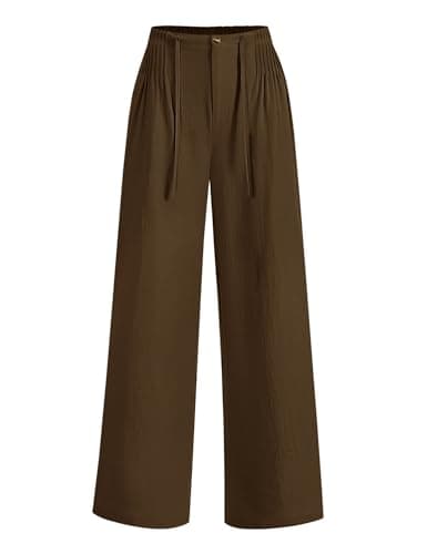 LOMON Womens Linen Pants Wide Leg Cotton Drawstring Elastic Waist Palazzo Pants Business Casual Flowy Slacks with Pockets Coffee