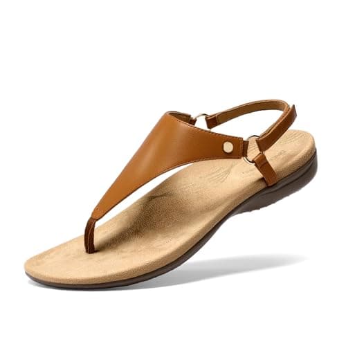 DREAM PAIRS Women's Flat Sandals Arch Support Orthopedic Comfortable Soft Cushion Summer T-Strap Walking Thong Sandals,Size 6.5,Tan-Pu,SDFS2407W