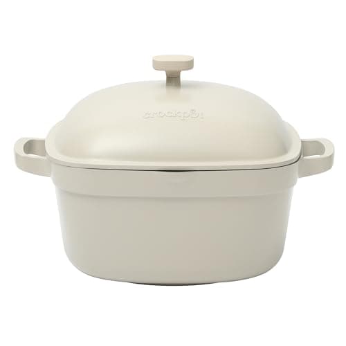 Crock-Pot Northvale Cast Aluminum Lightweight Durable 5.2 Quart Heavy Duty Dutch Oven Pot With Lid, Oven Safe, Dual Handles - Matte Linen White