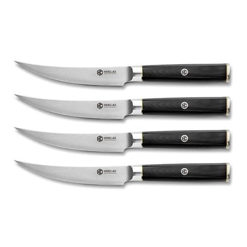 HexClad 4 Piece Master Series Damascus Steel Steak Knife Set, Full Hybrid Tang Construction, Faux Ebony Hexagonal Handle