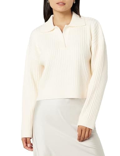 The Drop Women's Marcy Ribbed Collar Relaxed Pullover, Ivory, S