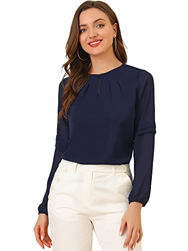 Allegra K Women's Work Tops Keyhole Neck Long Sleeve Work Shirts Blouse Dressy Casual Business Shirt XX-Large Dark Blue