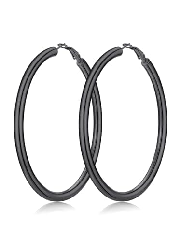 FaithHeart Black Hoop Earrings for Women, Thin Oversize Big Hoop Earrings Stainless Steel Jewelry Non Tarnish 70mm