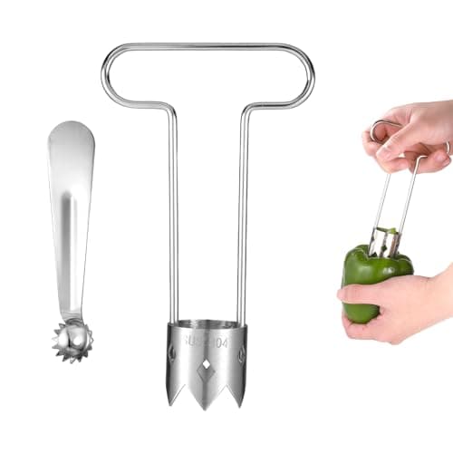 2pcs Red Bell Pepper Seed Corer Set, Stainless Steel T-Shape and Spoon-Shape Fruit Vegetable Stem Remover Practical Kitchen Gadget Tool for Pepper Pineapple Pear Apple Tomato Core Pit Remover