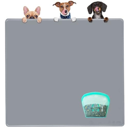 KVK Extra Extra Large Silicone Dog Food Mat 39.4×43.3in and 128oz Silicone Bag Set, Super Size Waterproof Pet Feeding Mat & Container, Non-Slip, Chew-Resistant Floor Protection (Cool Grey&Teal)