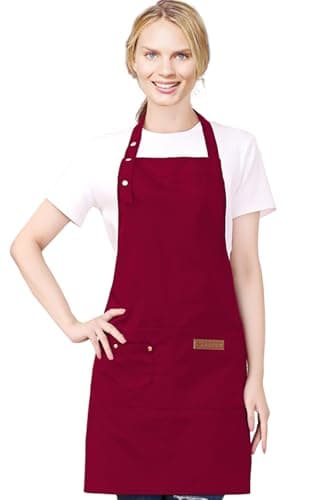 YIUJEFDA Kitchen Cooking Aprons for Women Men with Pockets Adjustable Waterproof Canvas Server Apron Suit for Chef Waitress Painting Artist Baking Cute Mother Sisters Gifts Red