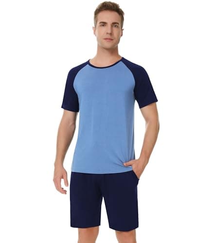 NACHILA Men's Pajamas Short Set-Viscose Made from Bamboo Sleepwear Super Soft Pj Top and Pajama Shorts Summer Pjs Sets Fog Blue/Navy Blue Medium