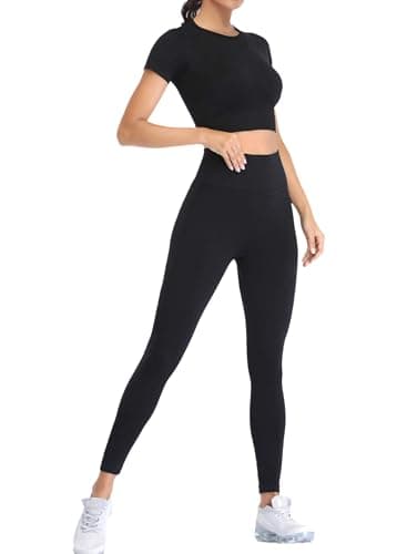 2 Piece Short Sleeve Outfits for Women Seamless Crop Tops Set for Women Workout Set(8005M-Black)