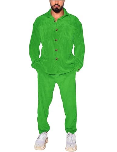 ZSJR Men's 2 Piece Outfits Corduroy Casual Long Sleeve Shirt Pant Sets Fall Fashion Tracksuits Green XX-Large