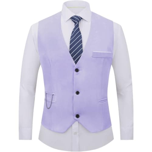 DOKKIA Men's Dress Vest Suit Waistcoat Formal Business Slim Fit V-neck Sleeveless Tuxedo Jacket with Chain Lavender Light Purple XX-Large