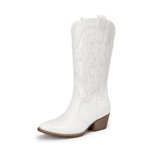 DREAM PAIRS Women's Cowboy Cowgirl Boots Embroidered Pointed Toe Low Heel Western Mid Calf Boot for Theme Party Country Concert,Size 8,White,DWUMMB2503