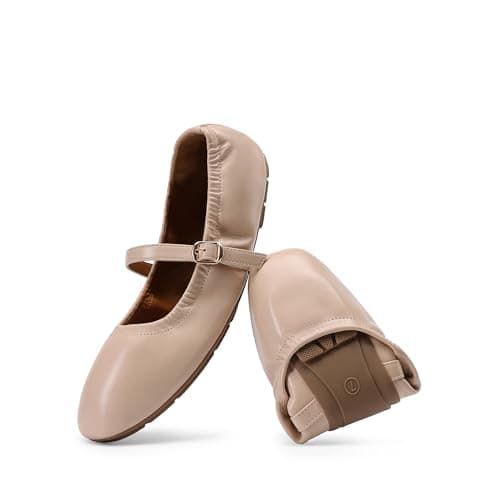 DREAM PAIRS Women's Ballet Flats Foldable Square Toe Mary Jane Flats Comfortable Slip On Dress Shoes Business Casual Work Mary Jane Shoes,Size 8,Nude,DWUMFA2534