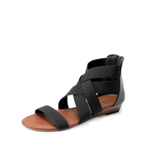 DREAM PAIRS Women's Elastic Ankle Strap Sandals Gladiator Strappy Low Wedges Sandals,Size 5.5,Black,ELASTICA8
