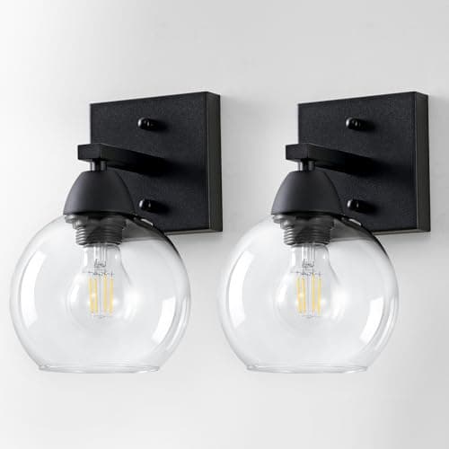 Ruibutrade Bathroom Light Fixtures, 1-Light Matte Black Vanity Light with Hand-Blown Globe Glass Shade, High Clarity & Durable, Wall Sconce for Mirror, Kitchen, Bedroom, Hallway-2P