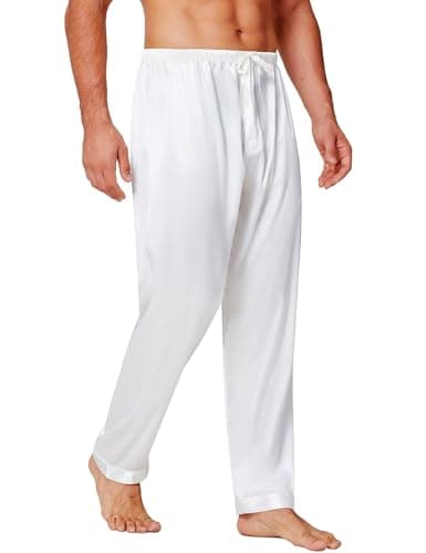 Lonxu Mens Silk Satin Pajamas Pyjamas Pants Sleep Bottoms White 2XL