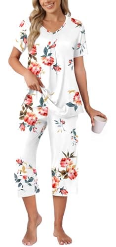 Anyally Womens Pajama Sets Summer Ladies Pjs Plus Size 2 Piece Loungewear Capri Sleepwear with Pockets, 4XL Floral White