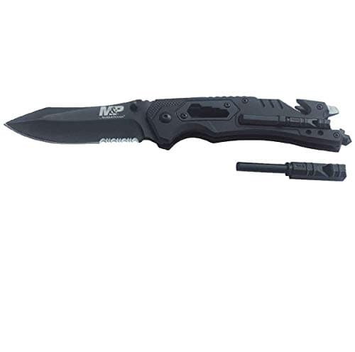 Smith & Wesson M&P 8.5in High Carbon S.S. Spring Assisted Folding Knife with 3.5in Serrated Drop Point Blade and Rubber Handle for Outdoor Survival and EDC,Tan