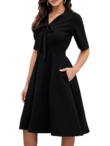 oxiuly Women's Vintage Bow Tie V-Neck Pockets Casual Work Party Cocktail Swing A-line Dresses OX278 (L, Black Solid 5)