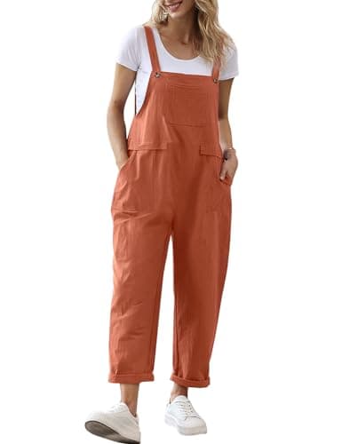 YESNO Women Long Casual Loose Bib Pants Overalls Baggy Rompers Jumpsuits with Pockets L PV9 Rust